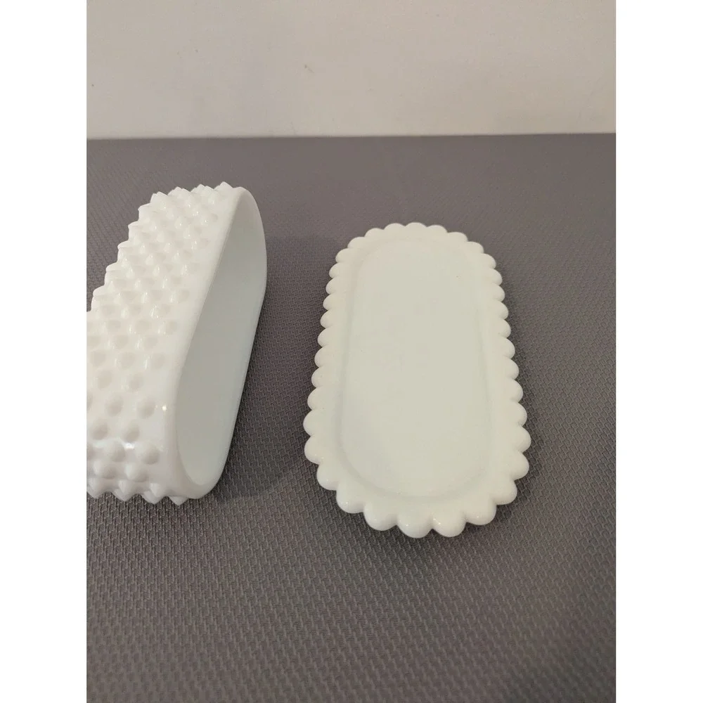 Vintage Fenton ? White Milk Glass Hobnail Butter Dish w/ Scalloped Tray 2 Piece